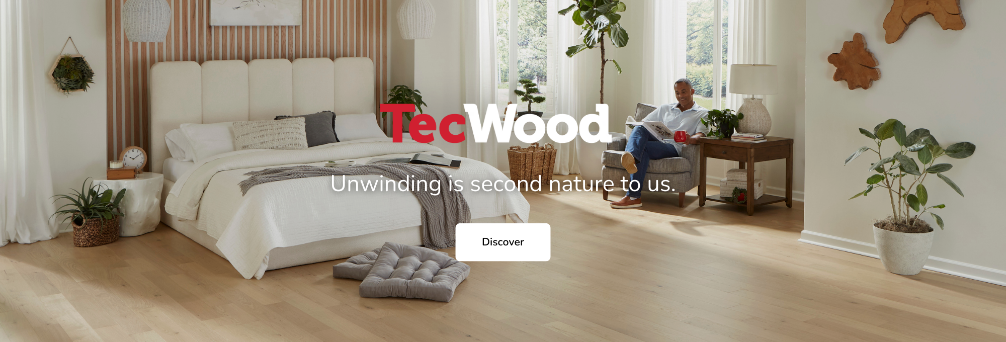 TecWood Flooring promotion featuring a bright and open bedroom with durable floors